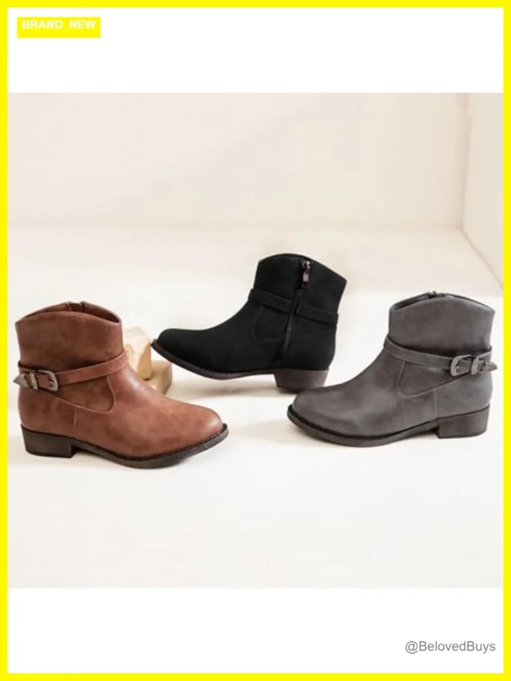 Faux Leather Ankle Boots Low Chunky Heel Side Zipper Women's Western Bootie